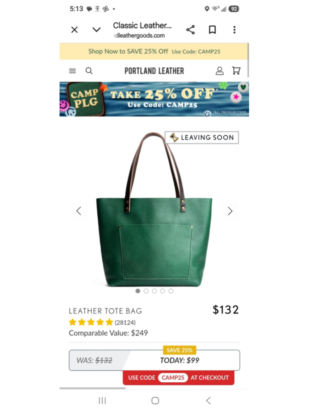 Women's Portland Leather Goods Classic Tote Bag Bacalar Green Small - Picture 10 of 11